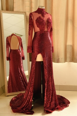 Sexy Long Sleeves Lace Appliques High Split Sequined Long Prom Dress_4