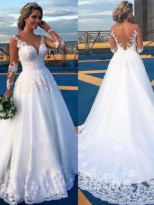 Elegante apliques de encaje con cuello en V Vestido de novia de Aline Vestido de novia de manga larga_3