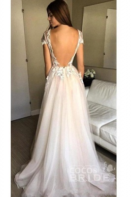 Sexy Cap Sleeve Deep V-neck With Appliques Split Tulle Wedding Dress_2