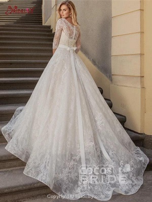 Stylish 3/4 Sleeves Lace Appliques Aline Bridal Gown Scoop Neck Wedding Dress_2