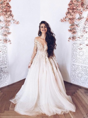 Elegant Long Sleeves Appliques Ruffles Wedding Dresses_3