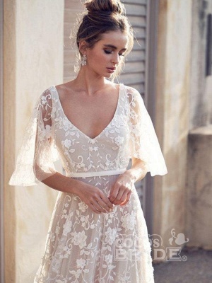 V Neck Half Sleeve Lace Boho Wedding Dresses_3