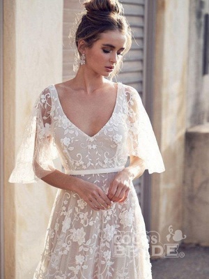 V Neck Half Sleeve Lace Boho Wedding Dresses_4