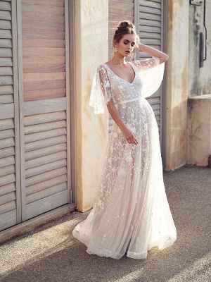 V Neck Half Sleeve Lace Boho Wedding Dresses_1