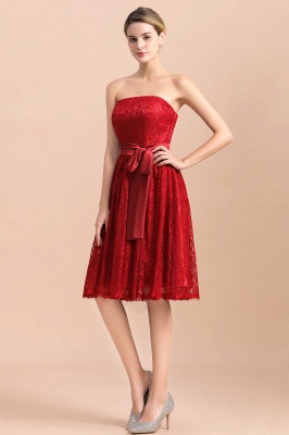 Chic Strapless Floral Red Short Lace Bridesmaid Dress Knee Length Party Dress with ribbon_4