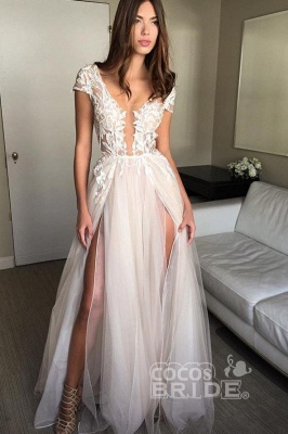 Sexy Cap Sleeve Deep V-neck With Appliques Split Tulle Wedding Dress_3