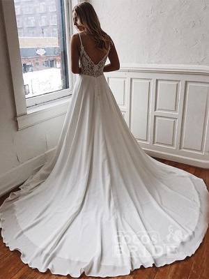 Simple Spaghetti-Strap V-Neck Sweep Train Ruffles Wedding Dresses_2