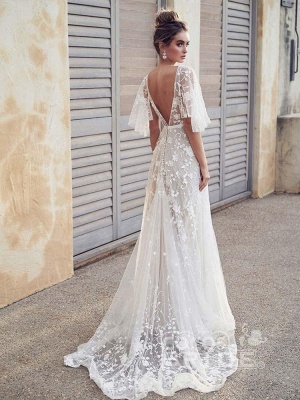 V Neck Half Sleeve Lace Boho Wedding Dresses_2