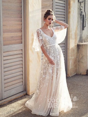 V Neck Half Sleeve Lace Boho Wedding Dresses_5