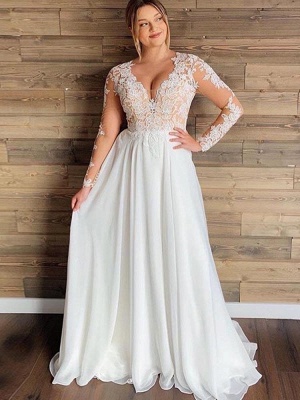 Gorgeous V-Neck Long Sleeves Lace Ruffles Wedding Dresses_1