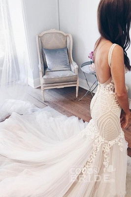 Beautiful Mermaid Tulle Wedding Dress V-Neck Backless Bridal Gown_2