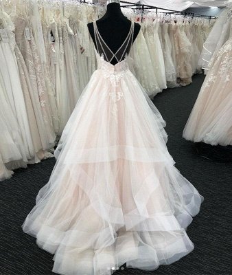 Tulle Deep V Neck Open Back Long Wedding Dress Aline_2