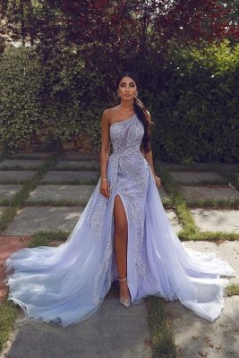 Charmante robe de soirée à une épaule avec une longue fente et des appliques en tulle_1