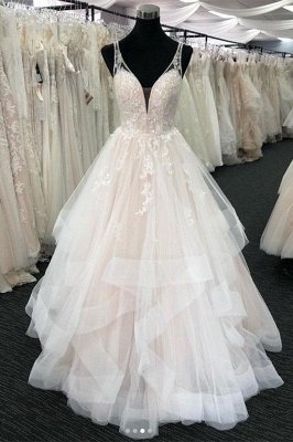 Tulle Deep V Neck Open Back Long Wedding Dress Aline_1