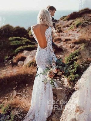 Long Sleeve Floral Lace Backless Mermaid Wedding Dresses_2