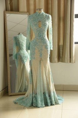 Wunderschönes langärmeliges Meerjungfrau-Abendkleid | Salbeifarbenes Spitzen-Abschlussballkleid_1