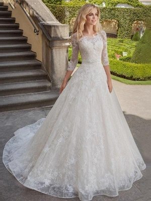 Stylish 3/4 Sleeves Lace Appliques Aline Bridal Gown Scoop Neck Wedding Dress_1