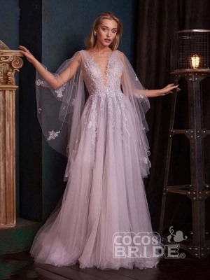 Romántico vestido de novia Aline con escote en V profundo y cruzado_3