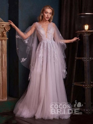 Robe de mariée romantique Aline à col en V profond avec enveloppement à balayage_3