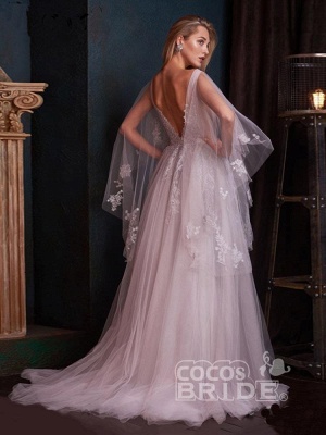 Robe de mariée romantique Aline à col en V profond avec enveloppement à balayage_4