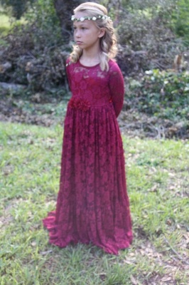 Cute Fuchsia Sleeves Long Flower Lace Girl Dresses_3