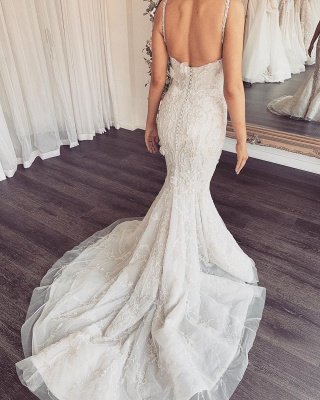 Spaghetti Straps V-neck Beading Wedding Dresses | Backless Appliques Bridal Gowns With Detachable Train_3