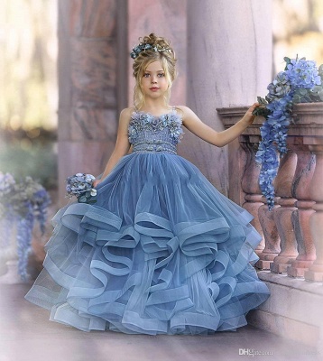 Straps Blue Ruffles Puffy Princess Flower Girl Dresses_9