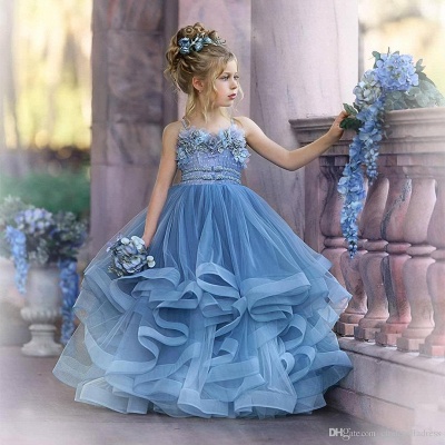 Straps Blue Ruffles Puffy Princess Flower Girl Dresses_10