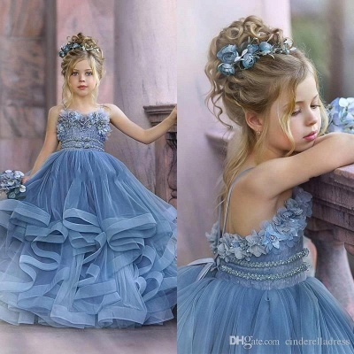 Straps Blue Ruffles Puffy Princess Flower Girl Dresses_8