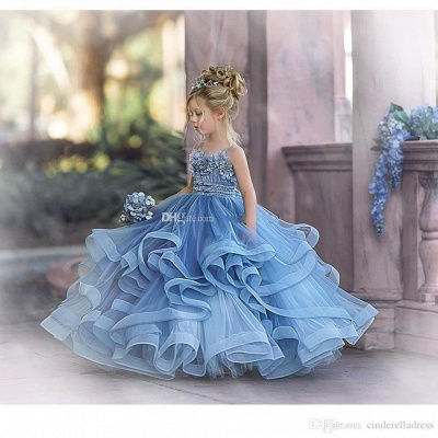 Trägerlose blaue Rüschen Puffy Princess Flower Girl Kleider_7