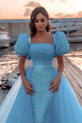 Glitter Sky Blue Mermaid Evening Gowns Short Puffy Sleeve Party Gowns_3
