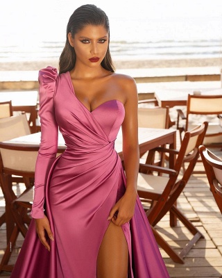 Sexy one shoulder satin prom gown side split party dress_6