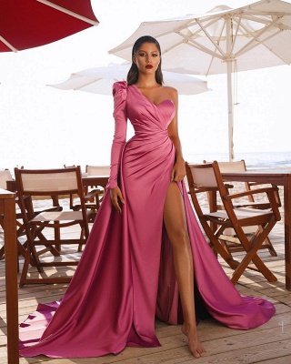 Sexy one shoulder satin prom gown side split party dress_5