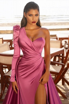 Sexy one shoulder satin prom gown side split party dress_3