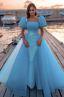 Glitter Sky Blue Mermaid Evening Gowns Short Puffy Sleeve Party Gowns_1