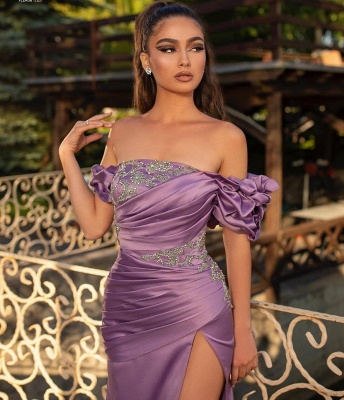 Robe de soirée lilas sirène en satin à épaules dénudées Robe de soirée sans manches avec fente latérale_2