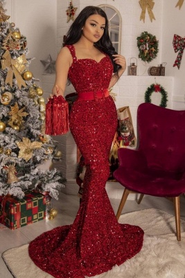 Sparkly Red Sweetheart Mermaid Evening Dress Sleeveless Slim Party Dress_1