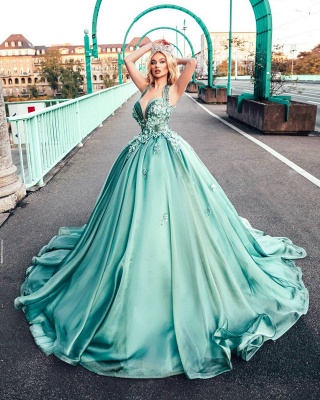 Charming Aline Halter Mint Green Ball Gown 3D Floral Deep V-Neck Wedding Dress_2