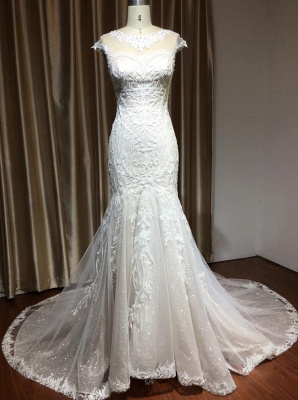 Flügelärmel, weißes Blumenspitze-Meerjungfrau-Hochzeitskleid, U-Ausschnitt, Brautkleid für Mädchen/Frauen_2