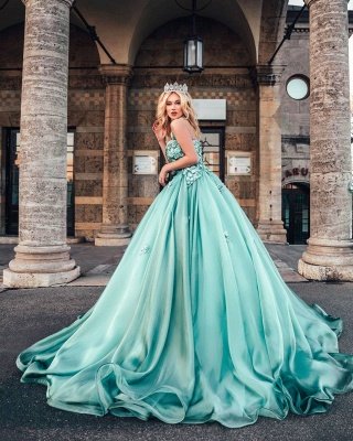 Charming Aline Halter Mint Green Ball Gown 3D Floral Deep V-Neck Wedding Dress_4