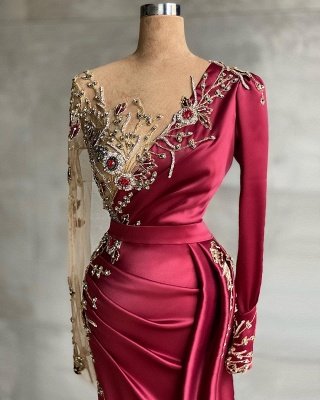 Stunning Burgundy Satin Prom dresses with Side Sweep Train | Mermaid Party Dress with long sleeves_2