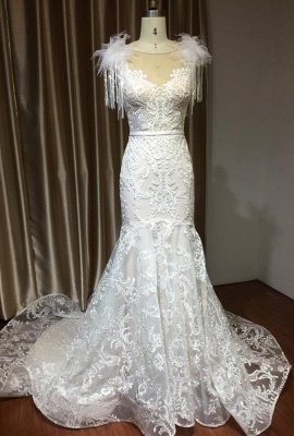Stunning Tessels Sweetheart Mermaid Bridal Dress Backless Fur Lace Wedding Dress_2