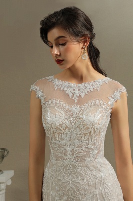 Cap Sleeves White Floral Lace Mermaid Wedding Dress Scoop Neck Bridal Dress for Girls/Women_4