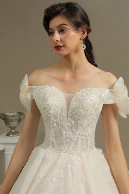 Off Sohulder Aline White Princess Bridal Gown Floor  Length Lace Wedding Dress_7