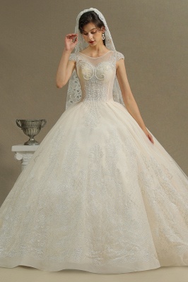 Elegante vestido de novia Aline con mangas casquillo Vestido de novia con apliques de encaje de tul_5