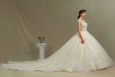 Stylish Cap Sleeves  Aline Wedding Dress Tulle Lace Appliques Bridal Gown_6