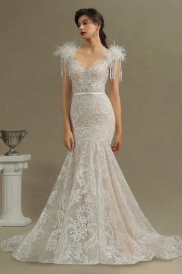Stunning Tessels Sweetheart Mermaid Bridal Dress Backless Fur Lace Wedding Dress_3