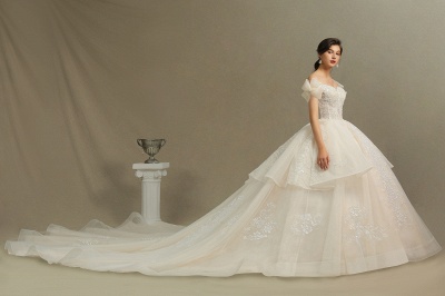 Off Sohulder Aline White Princess Bridal Gown Floor  Length Lace Wedding Dress_5