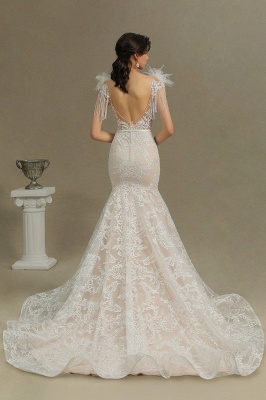 Stunning Tessels Sweetheart Mermaid Bridal Dress Backless Fur Lace Wedding Dress_7