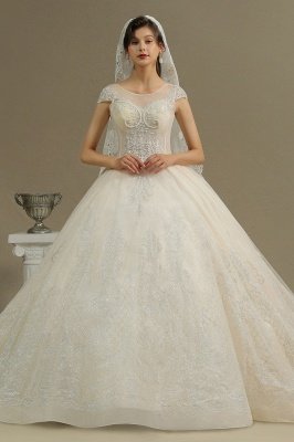 Stylish Cap Sleeves  Aline Wedding Dress Tulle Lace Appliques Bridal Gown_1